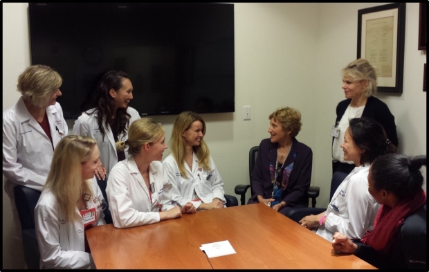 Dr. Sarah Donaldson meets with a group of residents